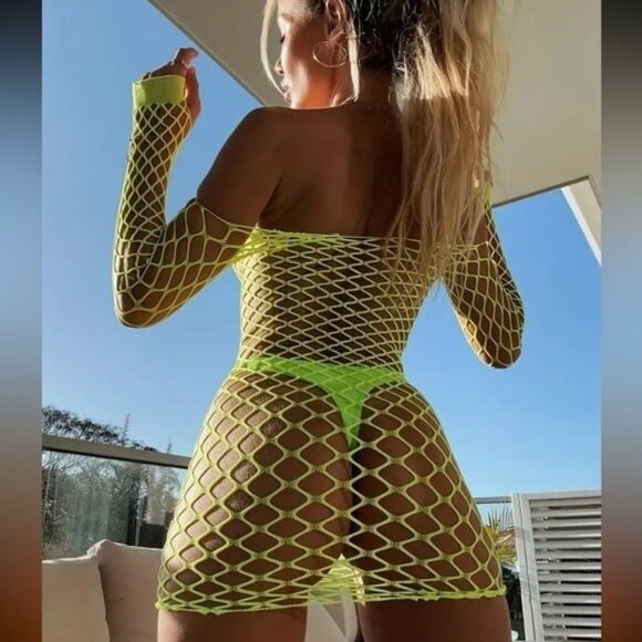 Neon Green Hollow Out Fishnet Dress - Picture 3 of 7